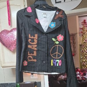 Lucca Couture Embroidered Black Women's Blazer with Peace Motif